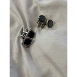 Mens Silver Tone Cufflinks Set of Two Black Stone Square Round Formal